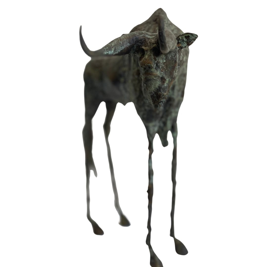 Facial detail of abstract bronze wildebeest sculpture