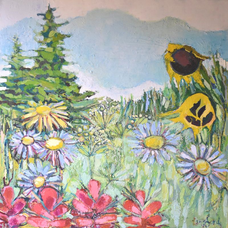 Painting of alpine field with wildflowers and trees