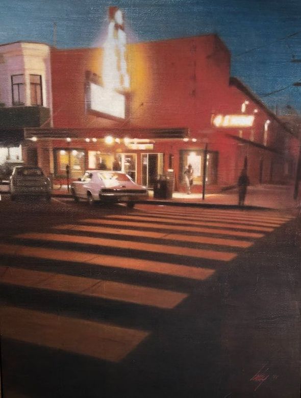 Painting of street corner with movie theater