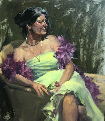 Woman in lime green dress and violet feather boa reclining on chaise lounge