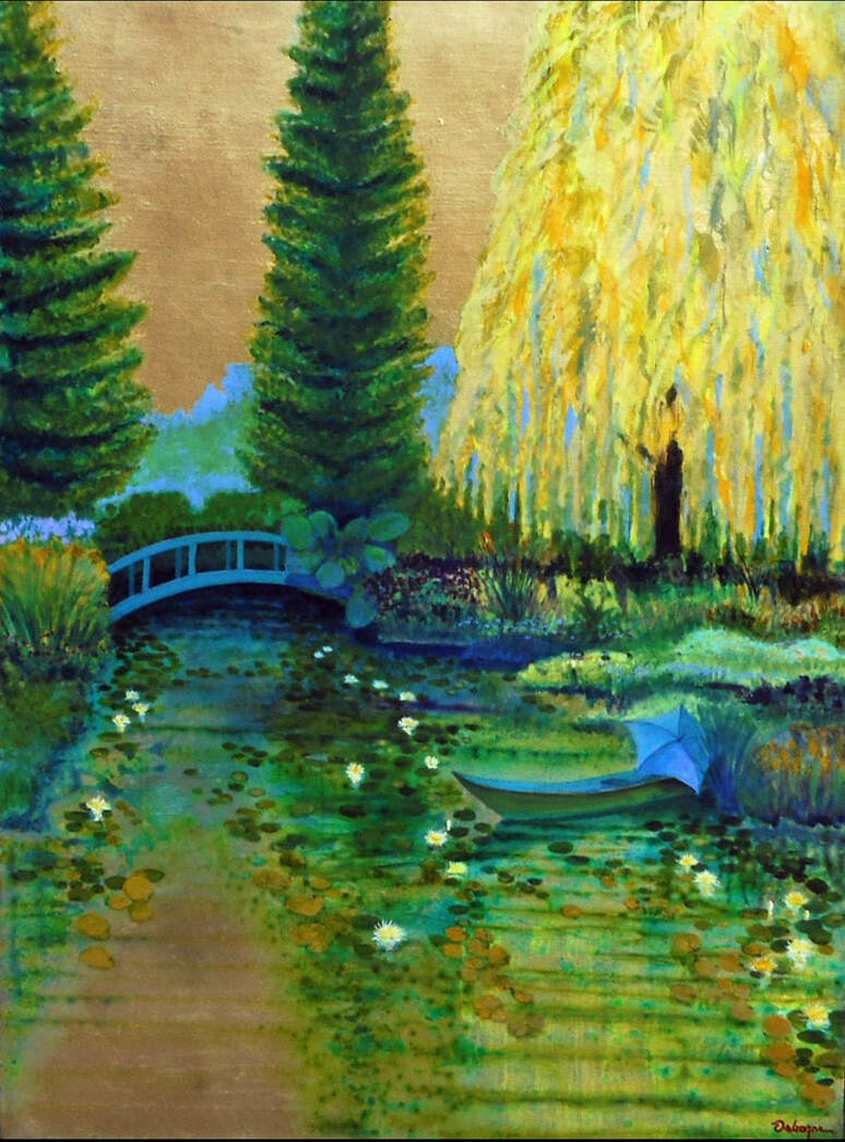 Impressionist style landscape painting of pond with pedestrian bridge 