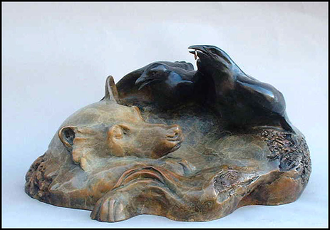 Bronze sculpture of fox and crow