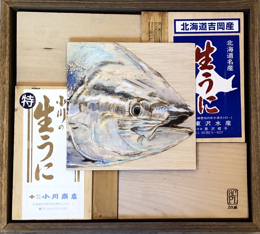 Illustrative painting of tuna head on wood