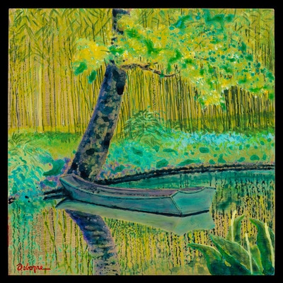 Impressionist style painting with boat under a tree