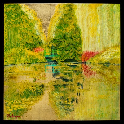 Painting of abstracted garden scene with pond