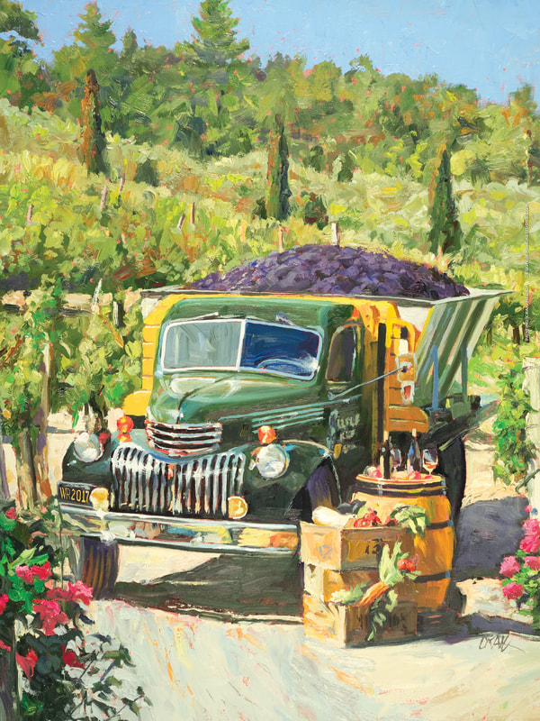 idyllic landscape of vintage green truck with grapes in the truck bed in a vineyard