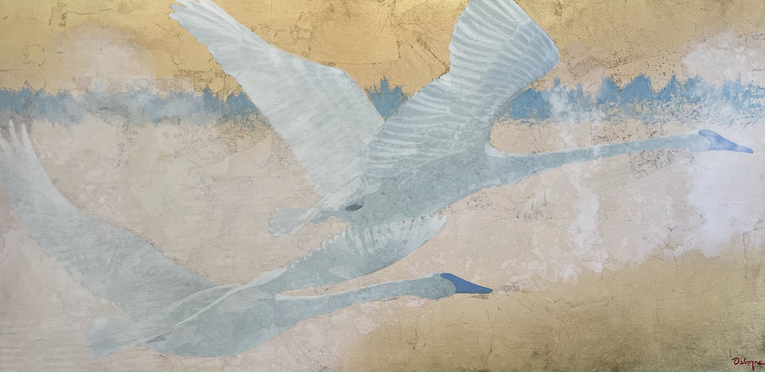 Painting of two swans in sky with gold background