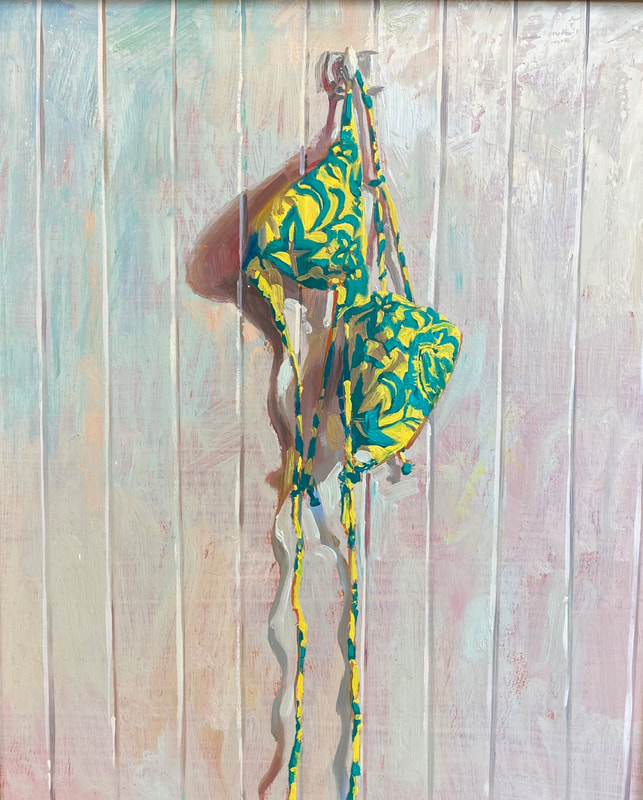 Painting of Bikini hanging on beadboard 