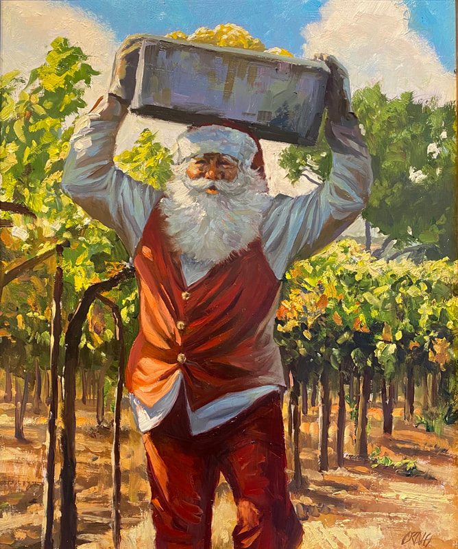 Painting of Santa Claus with overhead load of grapes