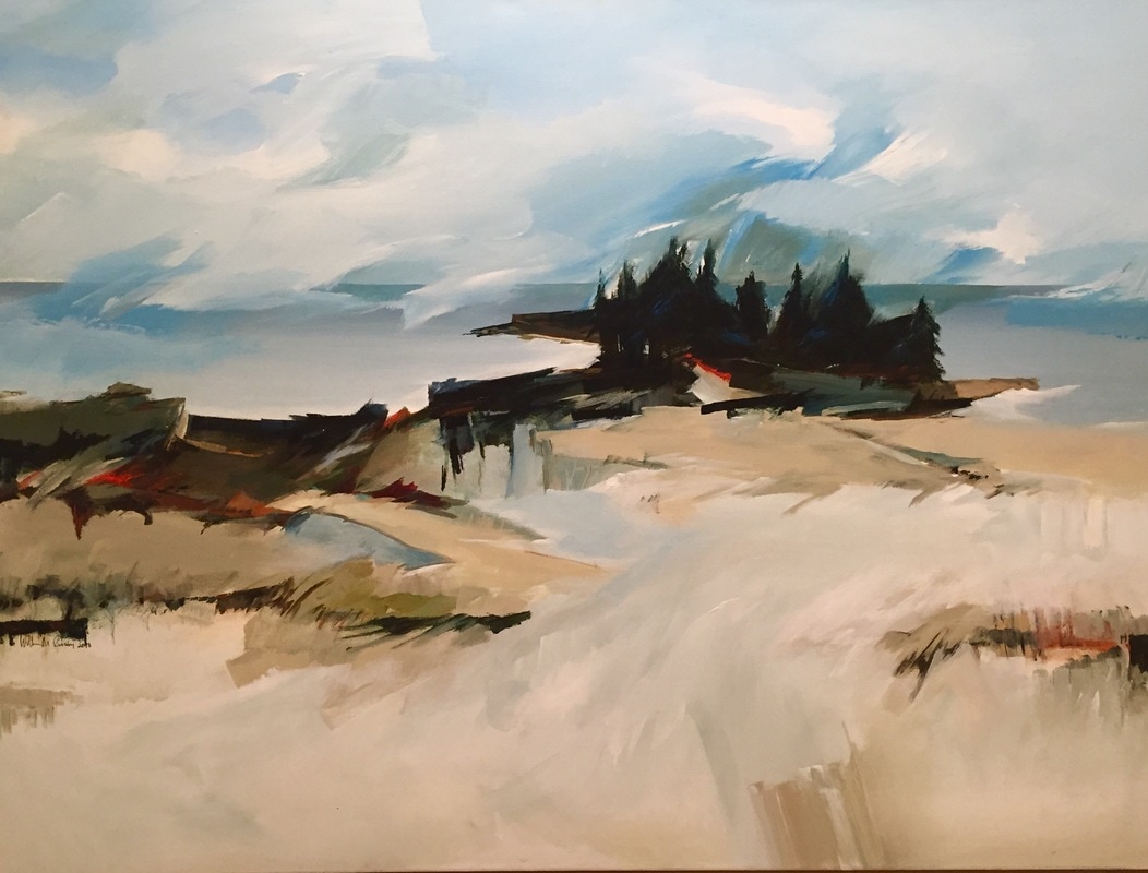 Abstract landscape painting of pine trees perched above sea shore