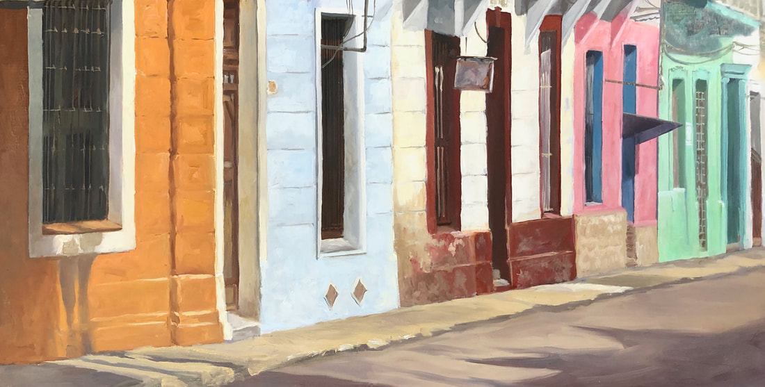 Painting of colorful street scene