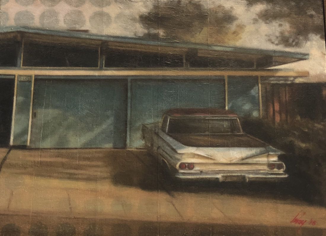Painting of car parked in front of midcentury home