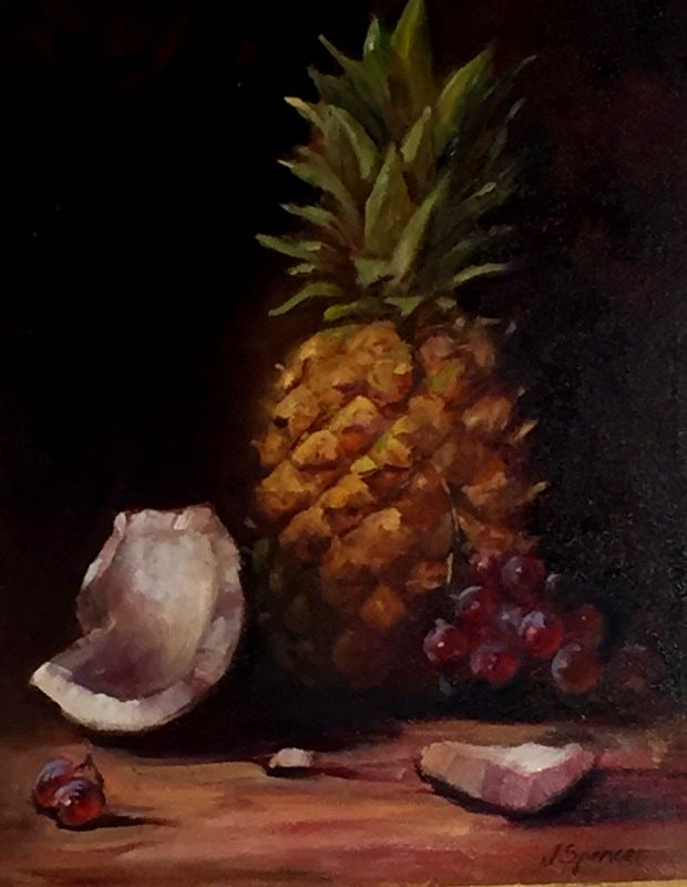 Still life of coconut, pineapple, and grapes