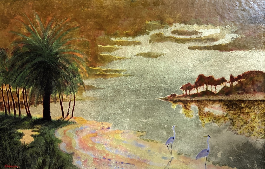 Landscape of beach scene with palm and herons