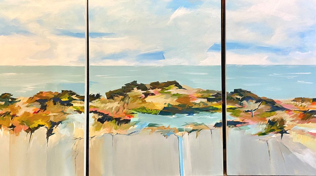 Triptych abstract landscape painting of land, sea, and sky