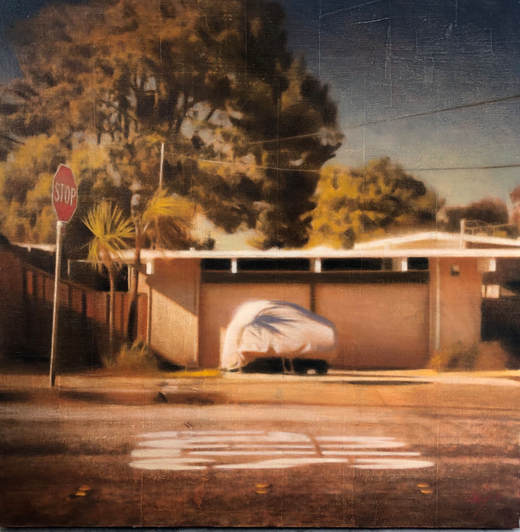 Painting of midcentury house with covered car parked in front