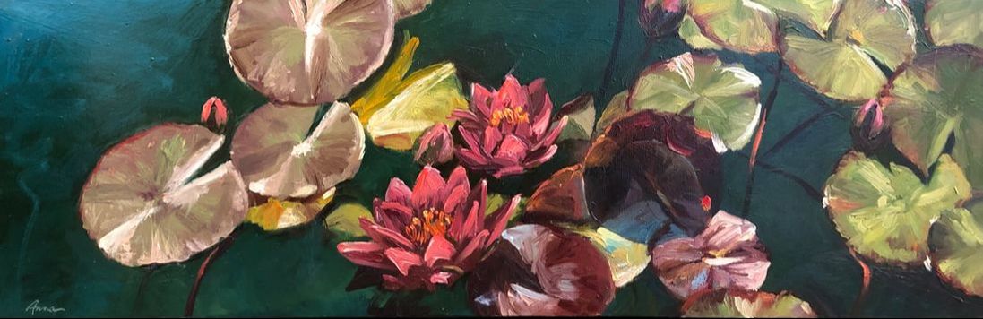 Painting of lotus flowers in pond