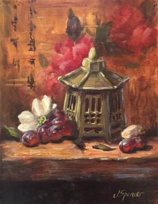 Still life of grapes, flowers, and pagoda