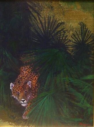 Painting of jaguar emerging from jungle flora
