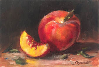 oil painting of a peach and peach slice 