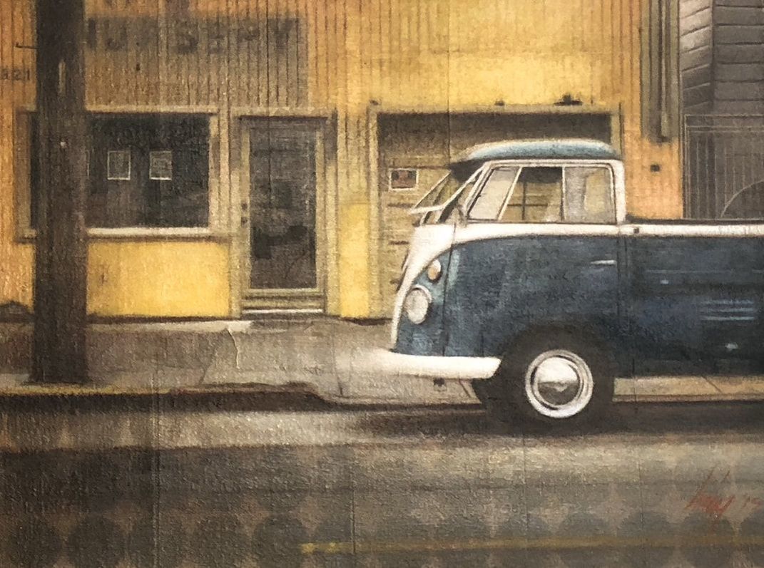 Painting of vintage van parked in front of storefront