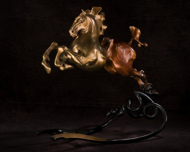 Abstract bronze sculpture of bucking horse