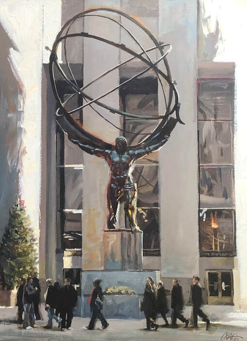 Crowd walking past bronze Atlas statue 