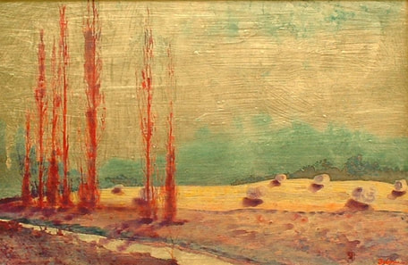 Painting of agricultural scene with trees and haystacks