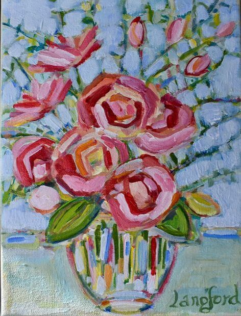 Still life painting of roses in vase