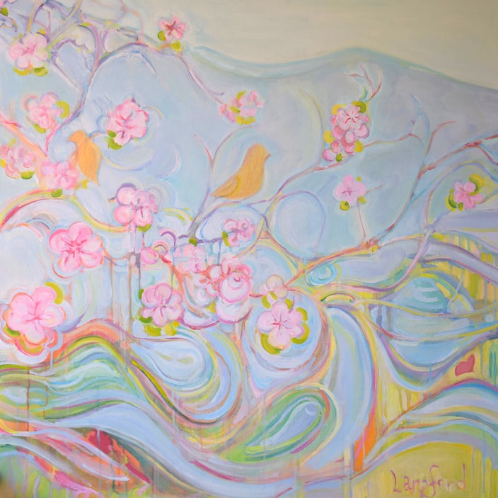 Whimsical cherry blossoms with birds