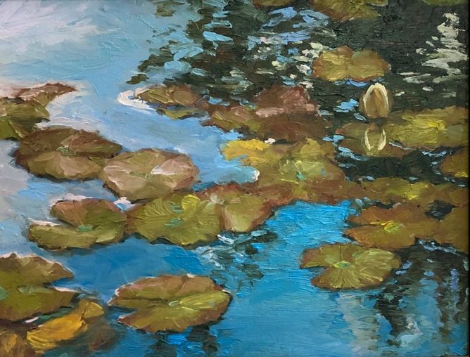 Painting of water lilies in pond