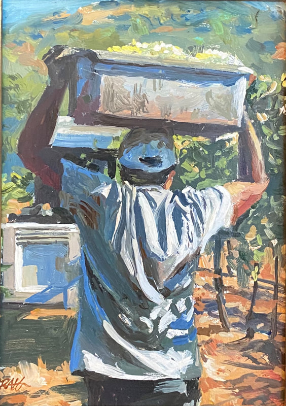 Painting of worker from behind holding grape bin overhead