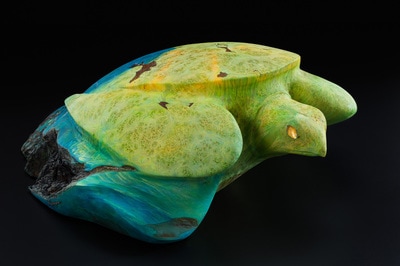 Wood burl sculpture of sea turtle