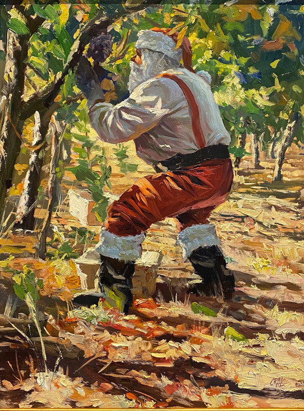 Painting of Santa Claus hand picking grapes