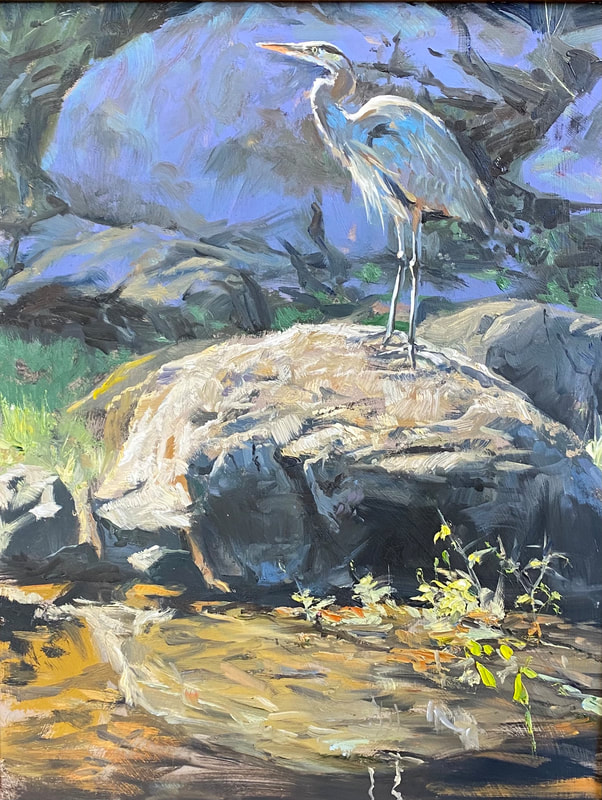 Painting of heron perched on river rock