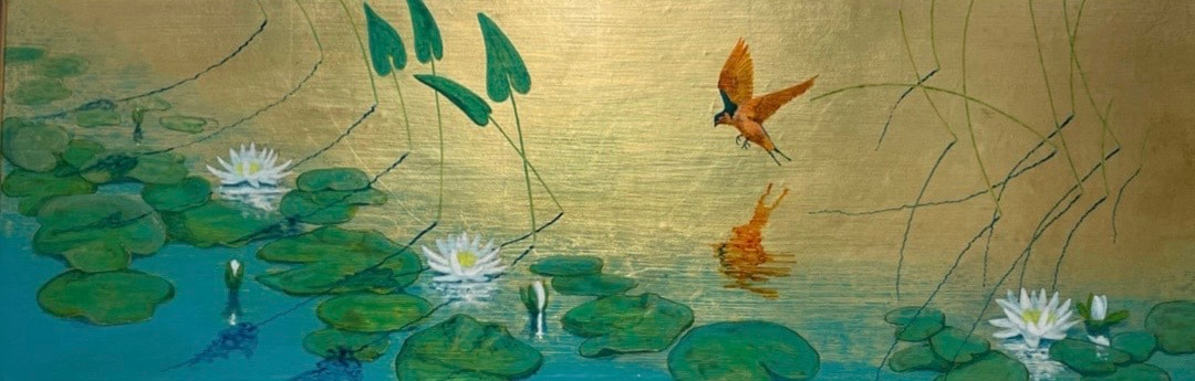 Painting of red bird by pond with reflection