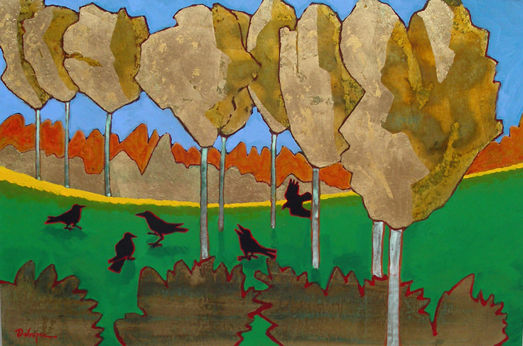 Painting of crows in aspen grove