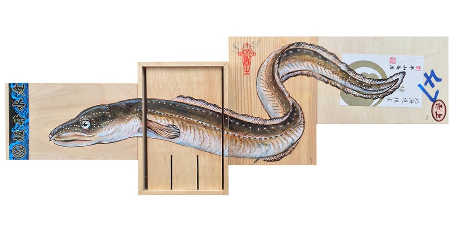 Illustrative painting of eel on wood
