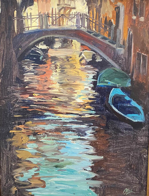 painting of pedestrian bridge over canal with boats