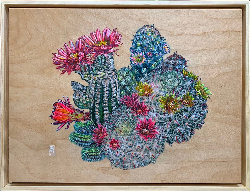Illustrative painting of cacti on wood