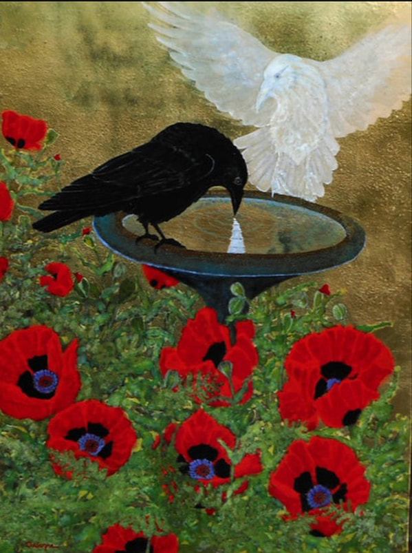 Painting of crow by bird bath with flowers