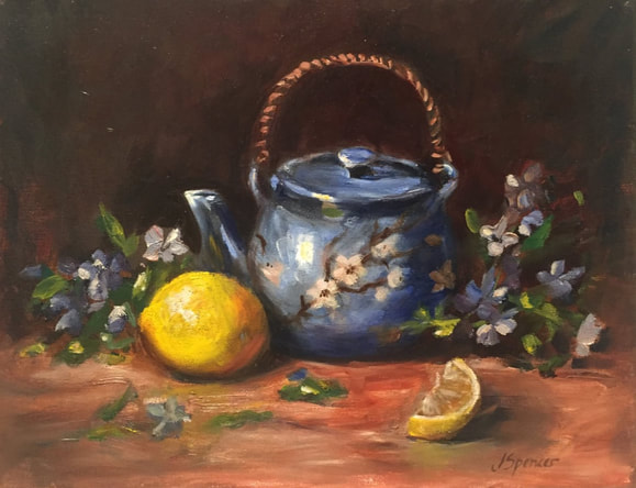 blue floral teapot painting with blossoms and lemons