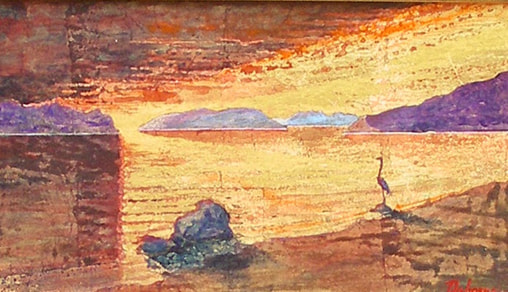 Painting of beach landscape with heron at sunset