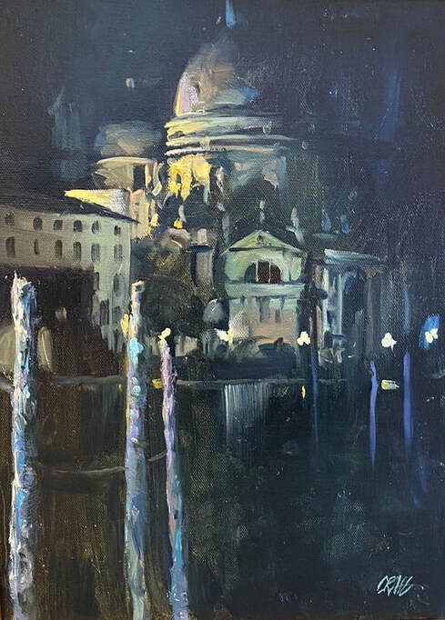 oil painting of nighttime Italian cityscape 