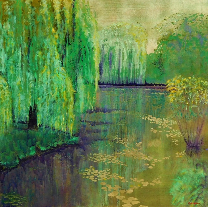 Impressionist style painting of pond with willow reflections 