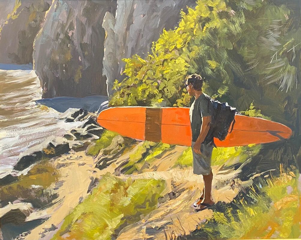 Painting with surfer looking at ocean