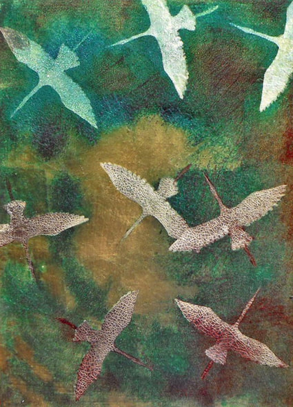 Painting of abstracted birds circling each other