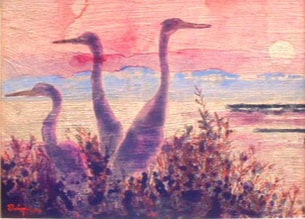 Painting of three cranes at sunset