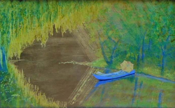 Impressionist style of a boat on the river with parasol shielding rowers