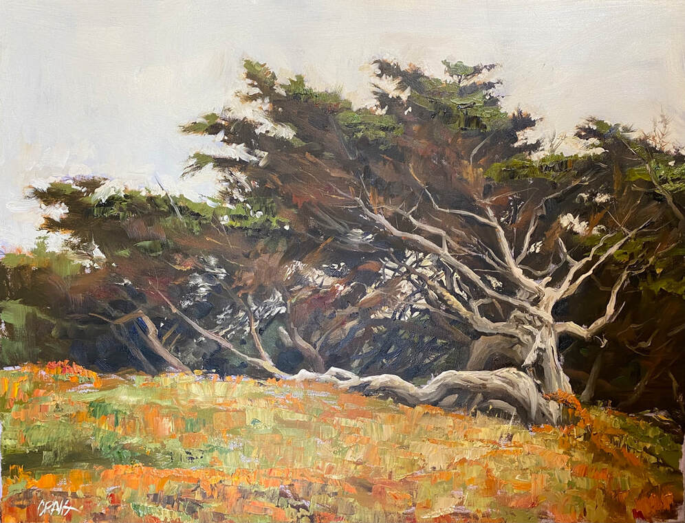 Painterly landscape with wildflowers and cypress trees